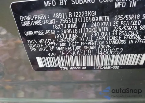 2020 Subaru Forester Limited из США, поврежденный, VIN JF2SKASC8LH480652